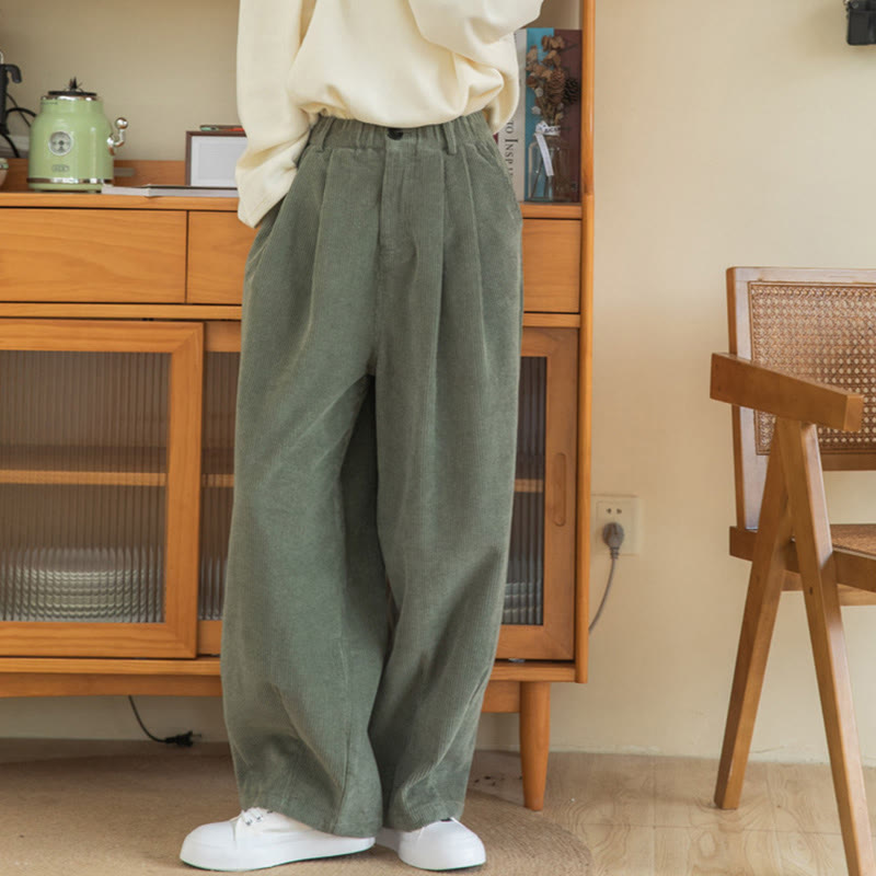 Pantaloni in velluto a coste di cotone con tasche e gamba larga, con cerniera e vita alta, da donna, Buddha Stones - image 2