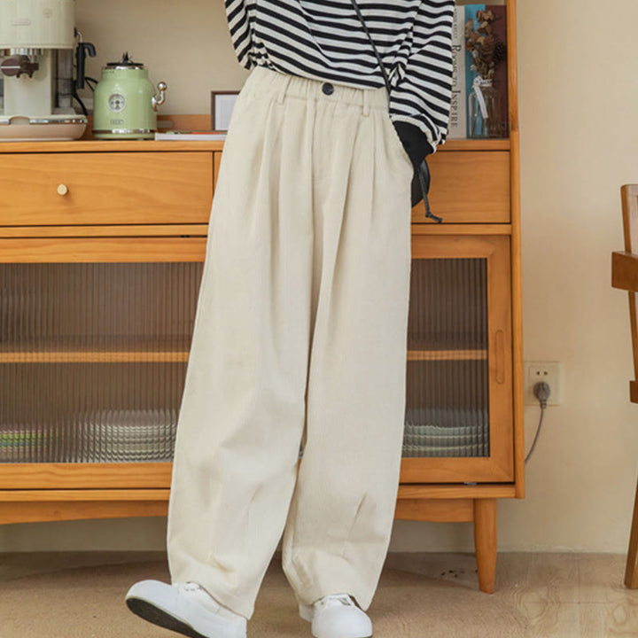 Pantaloni in velluto a coste di cotone con tasche e gamba larga, con cerniera e vita alta, da donna, Buddha Stones - image 19