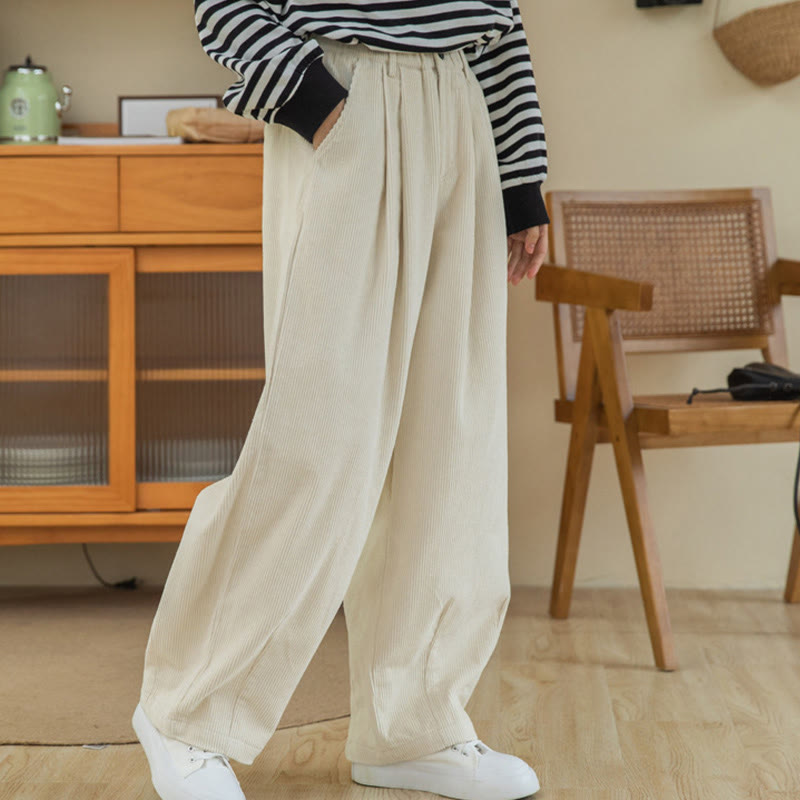 Pantaloni in velluto a coste di cotone con tasche e gamba larga, con cerniera e vita alta, da donna, Buddha Stones - image 21