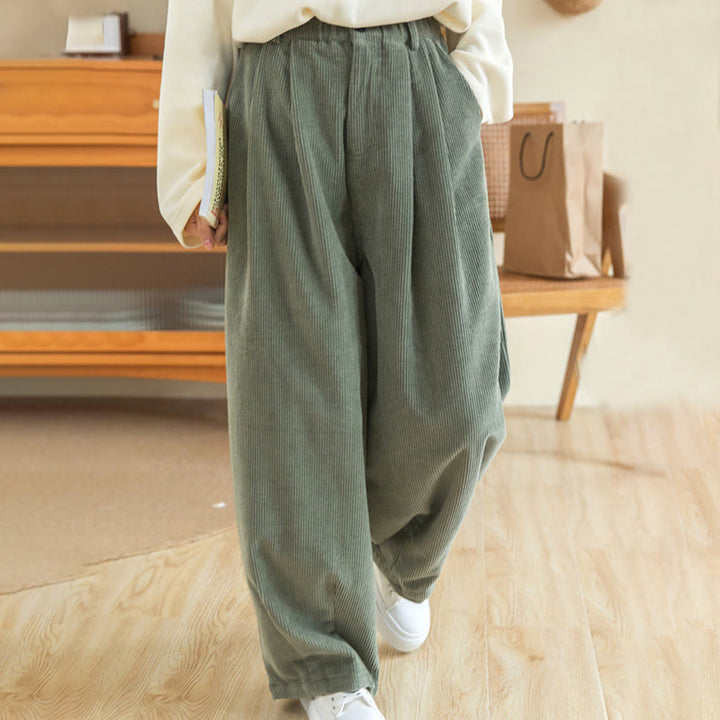 Pantaloni in velluto a coste di cotone con tasche e gamba larga, con cerniera e vita alta, da donna, Buddha Stones - image 8