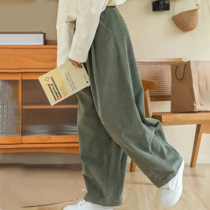 Pantaloni in velluto a coste di cotone con tasche e gamba larga, con cerniera e vita alta, da donna, Buddha Stones - image 7