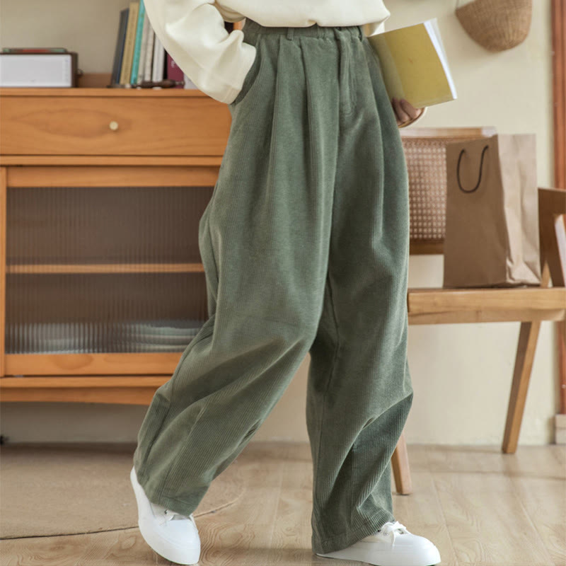 Pantaloni in velluto a coste di cotone con tasche e gamba larga, con cerniera e vita alta, da donna, Buddha Stones - Verde oliva - US6, UK/AU10, EU38 (L) - image 0