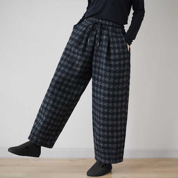 Pantaloni invernali da donna Buddha Stones con fodera in pile di cotone e tasche, motivo scozzese grigio nero - image 1