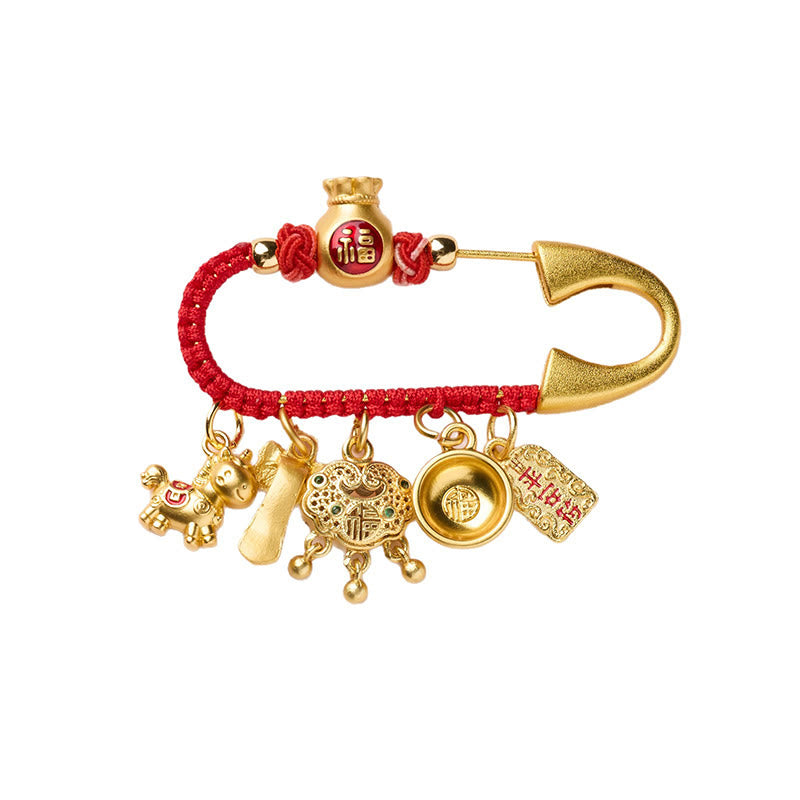 Spilla portafortuna in ottone con manico Ruyi e ciondolo a forma di cavallo Buddha Stones, carattere Fu, attrae la fortuna - image 4