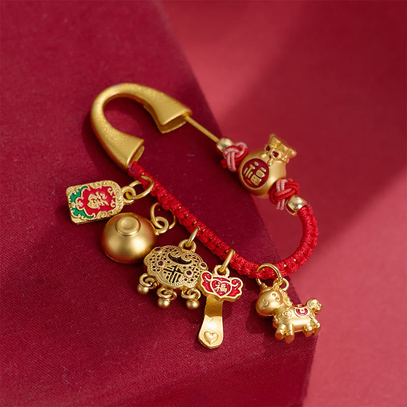 Spilla portafortuna in ottone con manico Ruyi e ciondolo a forma di cavallo Buddha Stones, carattere Fu, attrae la fortuna - image 1
