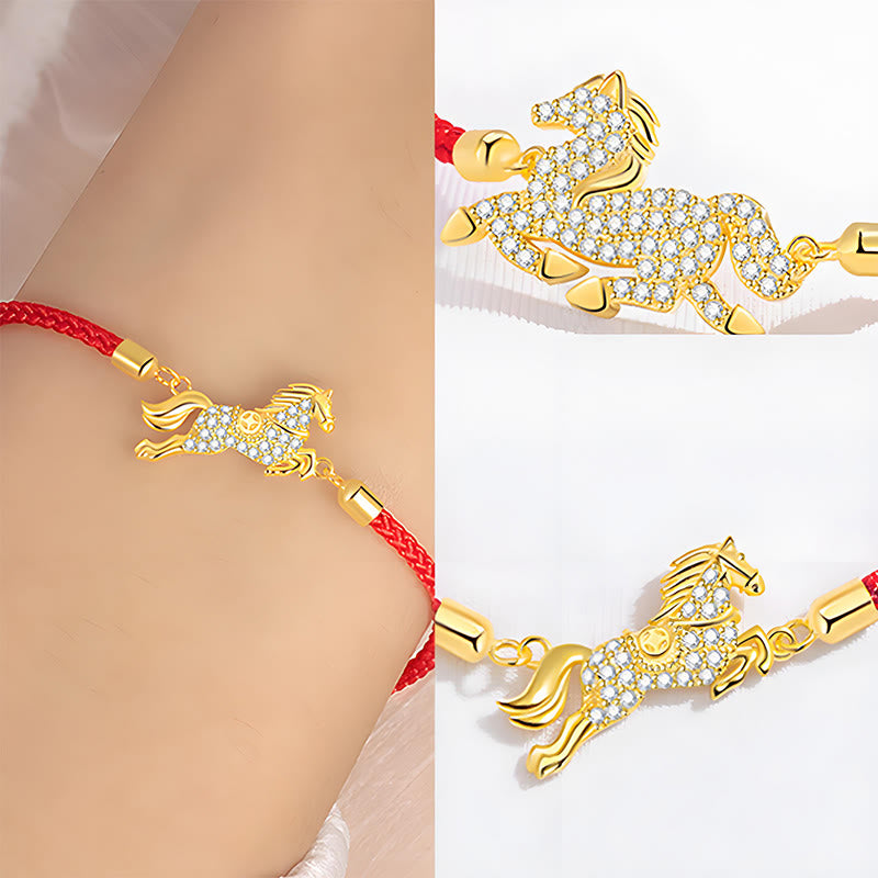 Bracciale Buddha Stones in argento sterling 925 placcato oro 18k con corda rossa, simbolo della forza dell'anno del cavallo - image 4