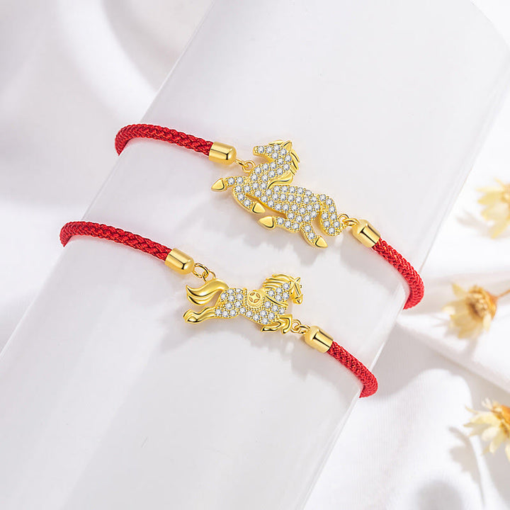Bracciale Buddha Stones in argento sterling 925 placcato oro 18k con corda rossa, simbolo della forza dell'anno del cavallo - image 2