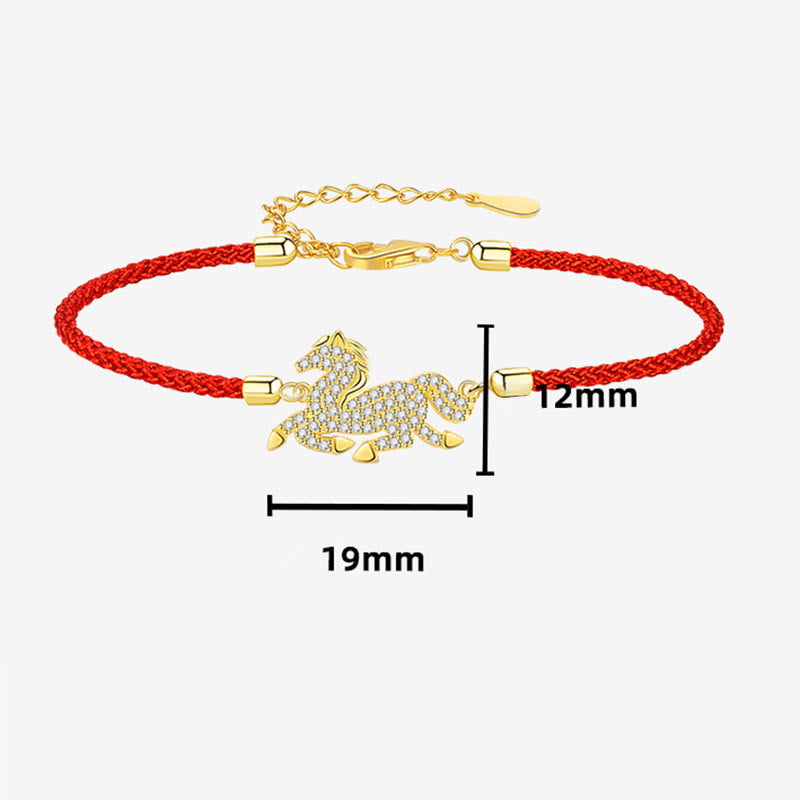 Bracciale Buddha Stones in argento sterling 925 placcato oro 18k con corda rossa, simbolo della forza dell'anno del cavallo - image 1