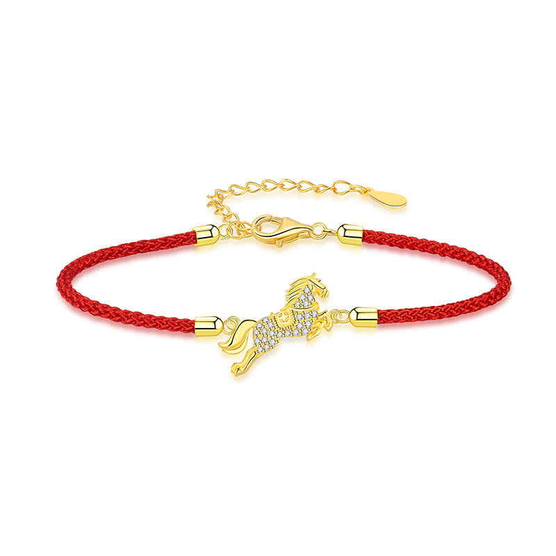 Bracciale portafortuna in argento sterling 925 con corda rossa dorata e pietre Buddha Stones, zodiaco cinese, anno del cavallo - image 1