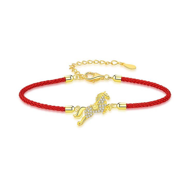 Bracciale portafortuna in argento sterling 925 con corda rossa dorata e pietre Buddha Stones, zodiaco cinese, anno del cavallo - image 1