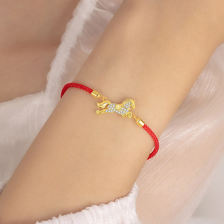 Bracciale portafortuna in argento sterling 925 con corda rossa dorata e pietre Buddha Stones, zodiaco cinese, anno del cavallo - image 4