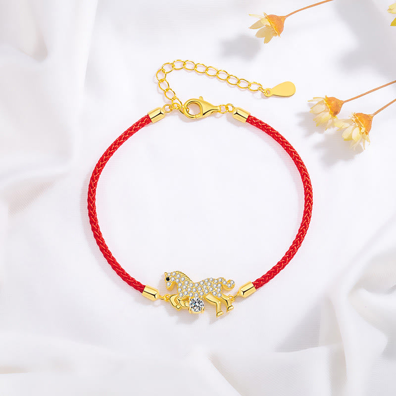 Bracciale regolabile in argento sterling 925 con cordino rosso dorato "Anno del cavallo" di Buddha Stones - Cavallo (circonferenza del polso 14-18 cm) - image 0
