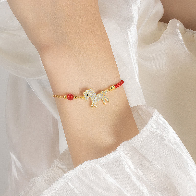 Bracciale Buddha Stones in argento sterling 925 placcato oro 18k con corda rossa per l'anno del cavallo - image 5