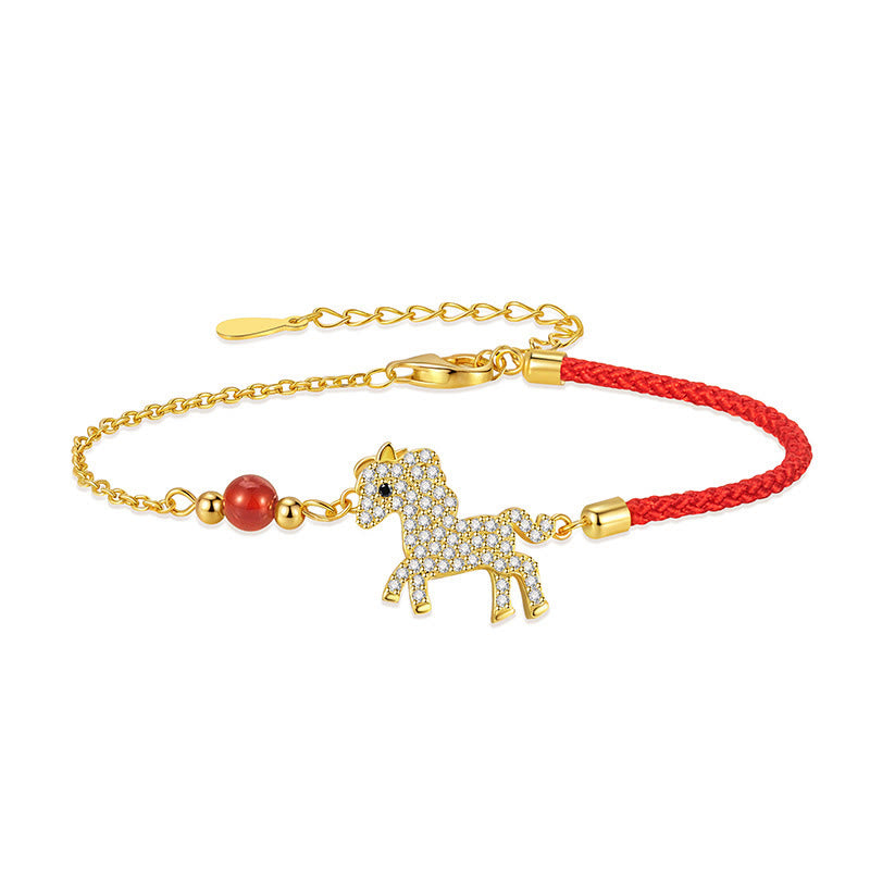 Bracciale Buddha Stones in argento sterling 925 placcato oro 18k con corda rossa per l'anno del cavallo - image 4