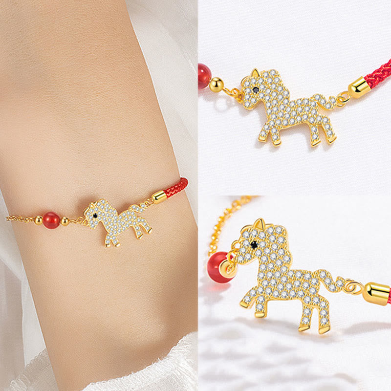 Bracciale Buddha Stones in argento sterling 925 placcato oro 18k con corda rossa per l'anno del cavallo - image 6