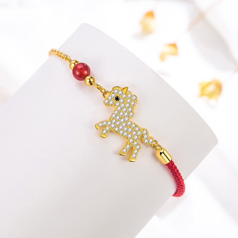 Bracciale Buddha Stones in argento sterling 925 placcato oro 18k con corda rossa per l'anno del cavallo - image 2