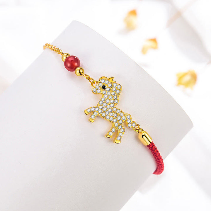 Bracciale Buddha Stones in argento sterling 925 placcato oro 18k con corda rossa per l'anno del cavallo - image 2
