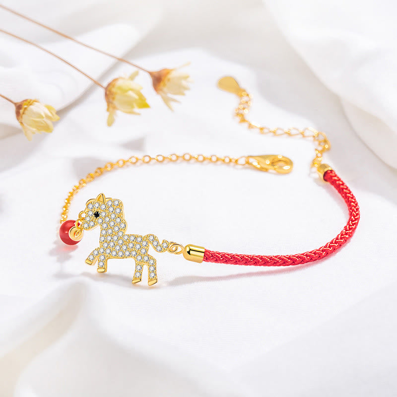 Bracciale Buddha Stones in argento sterling 925 placcato oro 18k con corda rossa per l'anno del cavallo - image 1