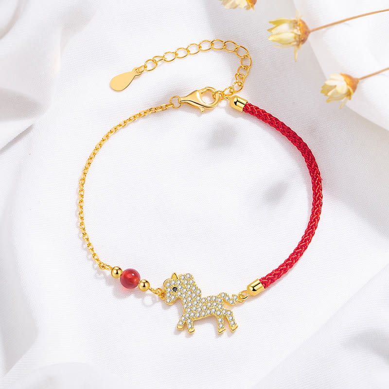 Bracciale Buddha Stones in argento sterling 925 placcato oro 18k con corda rossa per l'anno del cavallo - Cavallo (circonferenza del polso 14-18 cm) - image 0
