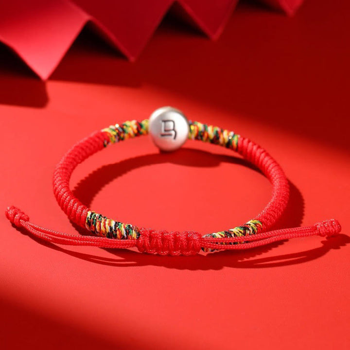 Bracciale intrecciato con corda rossa in argento sterling 999 con motivo zodiacale cinese dell'anno del cavallo , Buddha Stones - image 6