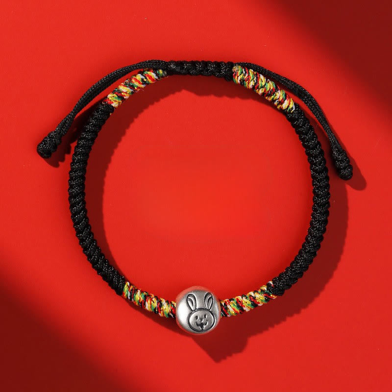 Bracciale intrecciato con corda rossa in argento sterling 999 con motivo zodiacale cinese dell'anno del cavallo , Buddha Stones - Coniglio Nero String - image 34