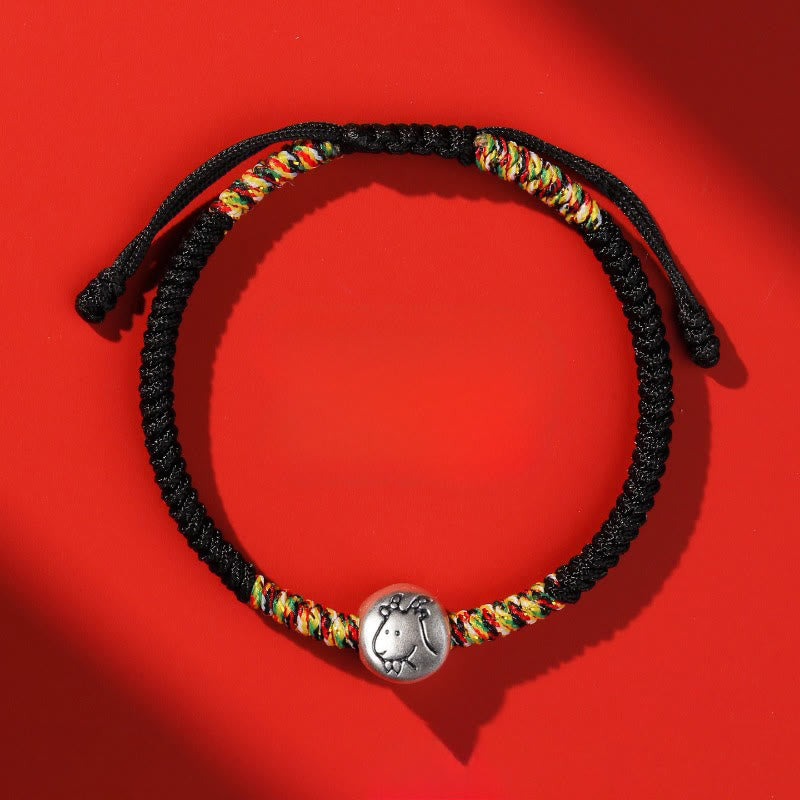 Bracciale intrecciato con corda rossa in argento sterling 999 con motivo zodiacale cinese dell'anno del cavallo , Buddha Stones - Corda nera di capra - image 38