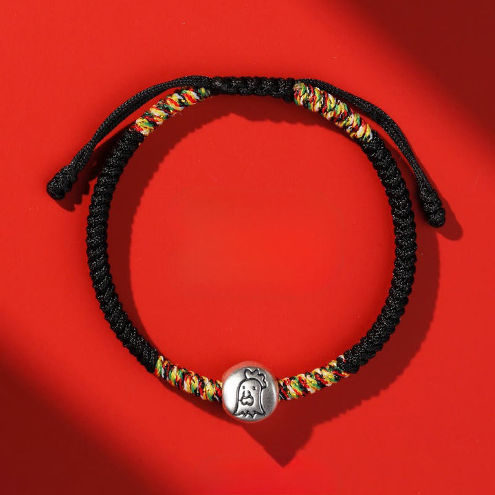 Bracciale intrecciato con corda rossa in argento sterling 999 con motivo zodiacale cinese dell'anno del cavallo , Buddha Stones - Gallo Nero String - image 40