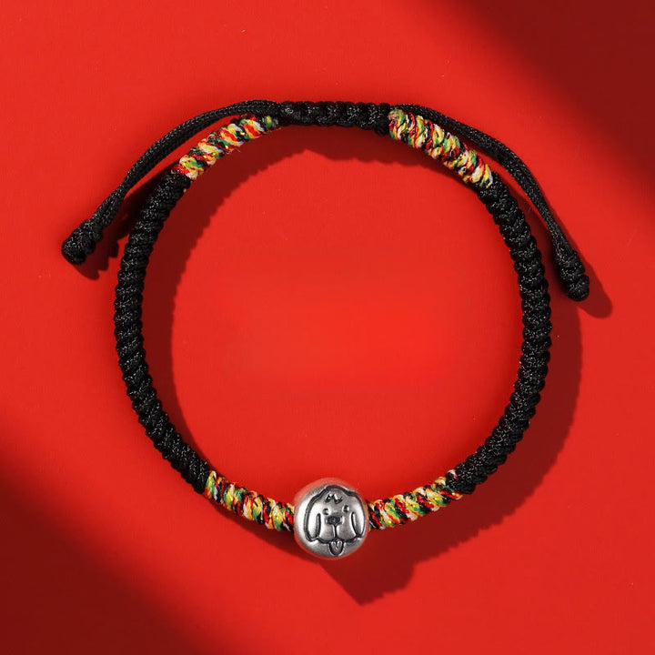 Bracciale intrecciato con corda rossa in argento sterling 999 con motivo zodiacale cinese dell'anno del cavallo , Buddha Stones - Cane nero corda - image 41