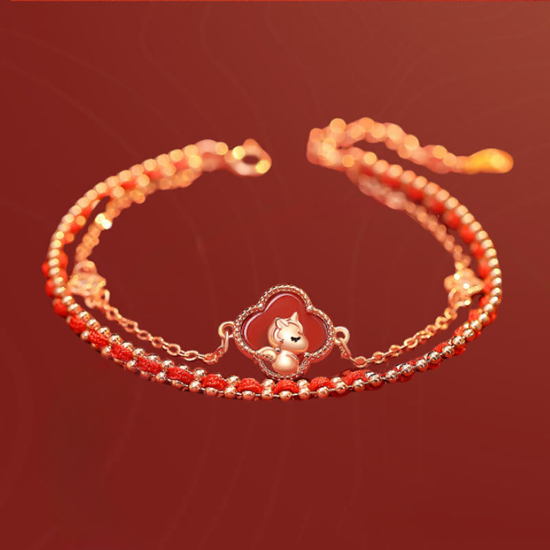 Bracciale Buddha Stones in argento sterling 925 con cavallo, quadrifoglio, agata rossa, giada Hetian, per la fiducia - image 1