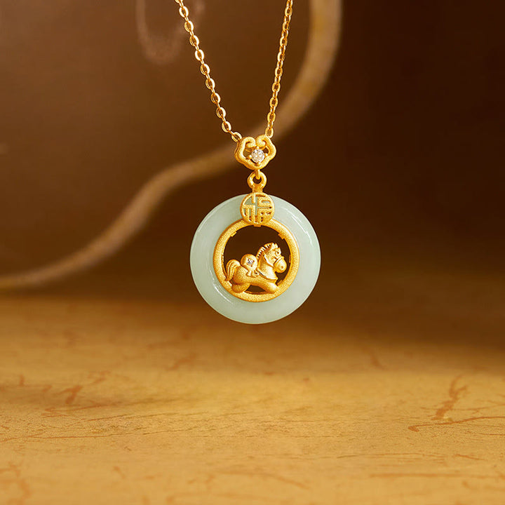 Collana con ciondolo in argento sterling 925 con fibbia della pace e giada Hetian dell'anno del cavallo, motivo Buddha Stones - Giada (Prosperità♥Abbondanza) - image 0