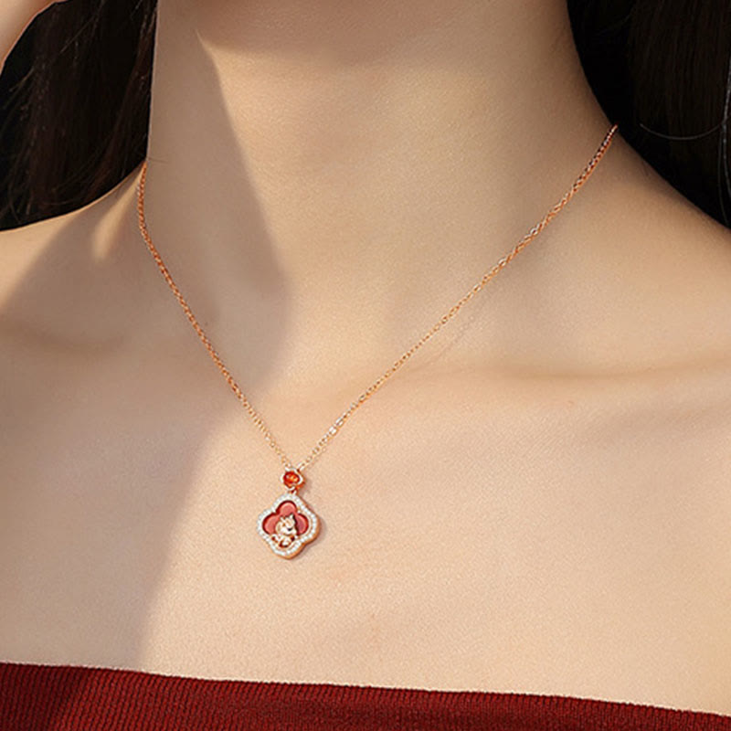 Collana con ciondolo in argento sterling 925 con quadrifoglio e agata rossa, motivo: anno del cavallo, motivo: Buddha Stones - image 4