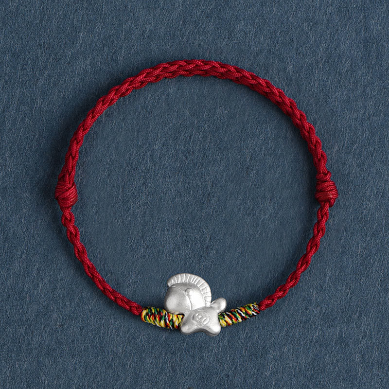 Braccialetto alla cavigliera intrecciato con cordino portafortuna in argento sterling 999, motivo Buddha Stones Year of the Horse - Cavigliera rosso scuro (circonferenza 17-30 cm) - image 0