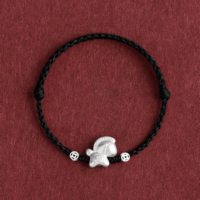 Buddha Stones Anno del Cavallo Argento Sterling 999 Monete di Rame Corda della Fortuna Braccialetto Intrecciato Cavigliera - Cavigliera nera (circonferenza 17-30 cm) - image 17
