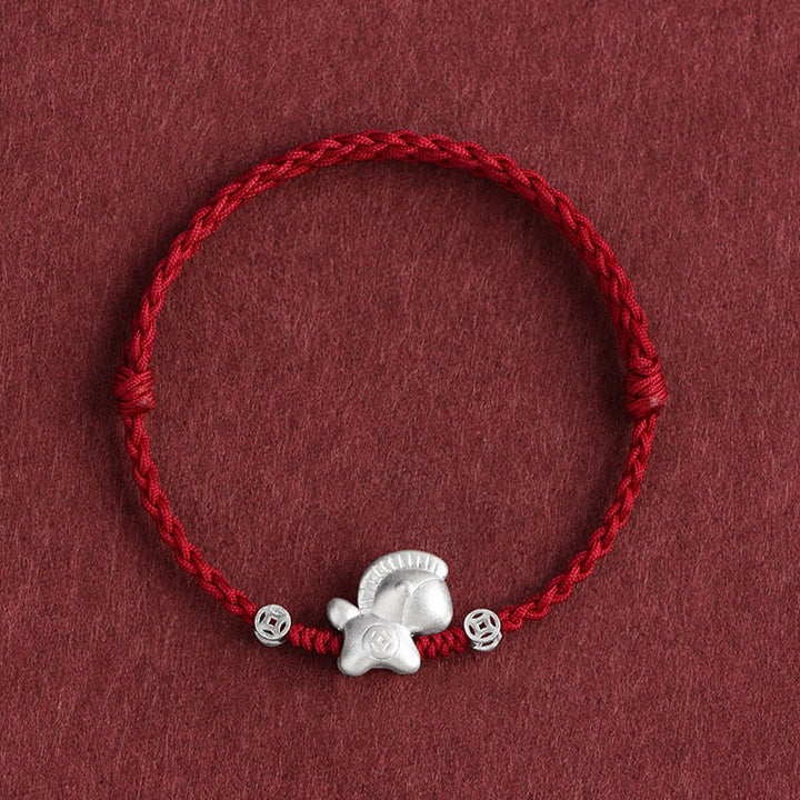 Buddha Stones Anno del Cavallo Argento Sterling 999 Monete di Rame Corda della Fortuna Braccialetto Intrecciato Cavigliera - Cavigliera rosso scuro (circonferenza 17-30 cm) - image 0