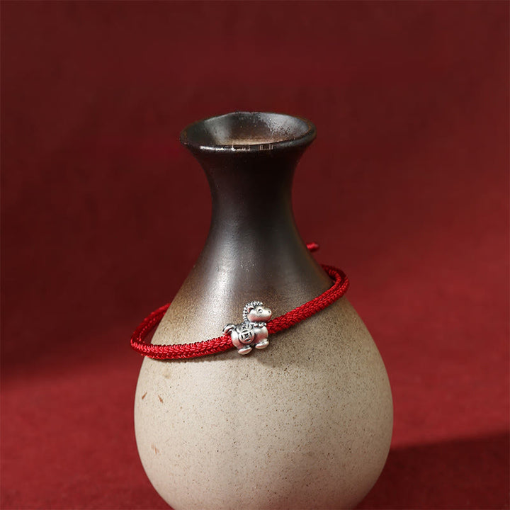 Braccialetto portafortuna intrecciato con monete di rame e filo rosso in argento sterling 999, motivo: Anno del Cavallo Buddha Stones - image 2