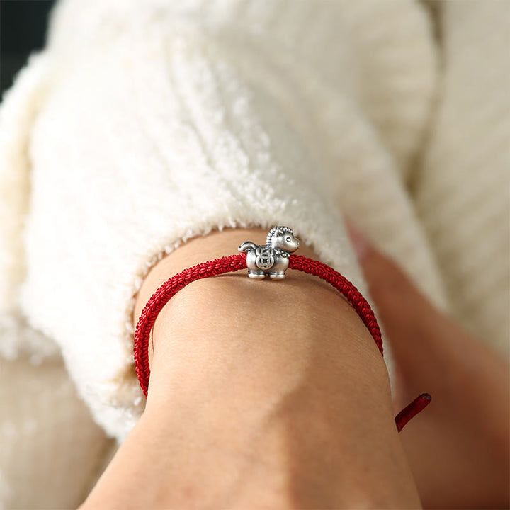 Braccialetto portafortuna intrecciato con monete di rame e filo rosso in argento sterling 999, motivo: Anno del Cavallo Buddha Stones - image 4