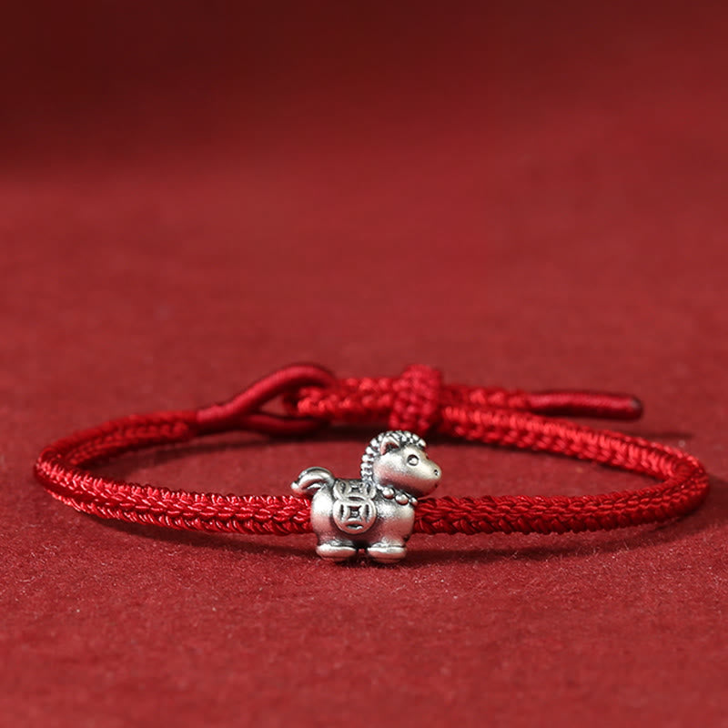 Braccialetto portafortuna intrecciato con monete di rame e filo rosso in argento sterling 999, motivo: Anno del Cavallo Buddha Stones - Cavallo (circonferenza del polso 14-18 cm) - image 0