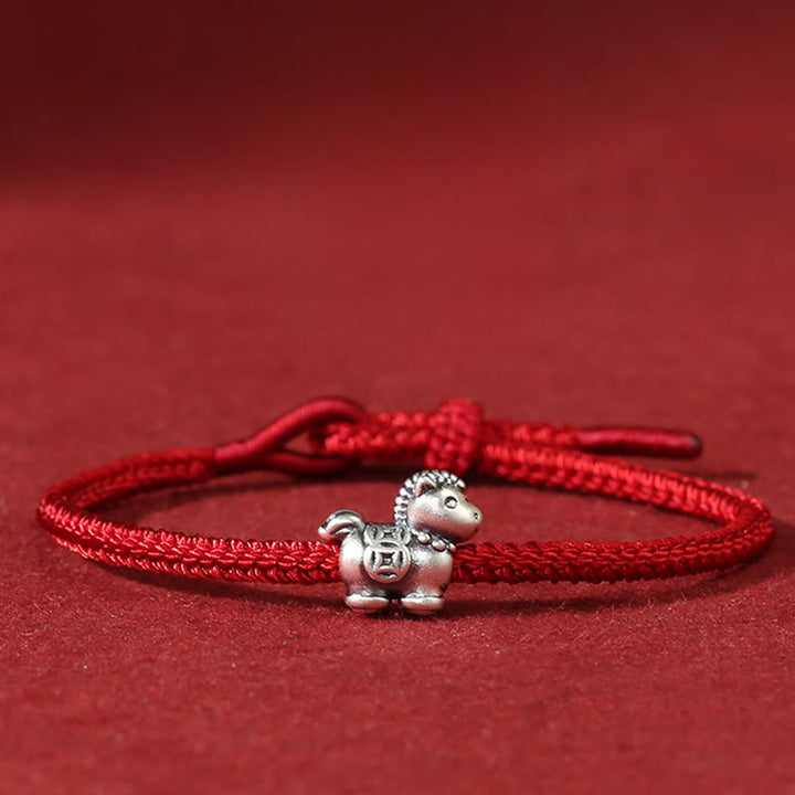 Braccialetto portafortuna intrecciato con monete di rame e filo rosso in argento sterling 999, motivo: Anno del Cavallo Buddha Stones - Cavallo (circonferenza del polso 14-18 cm) - image 0