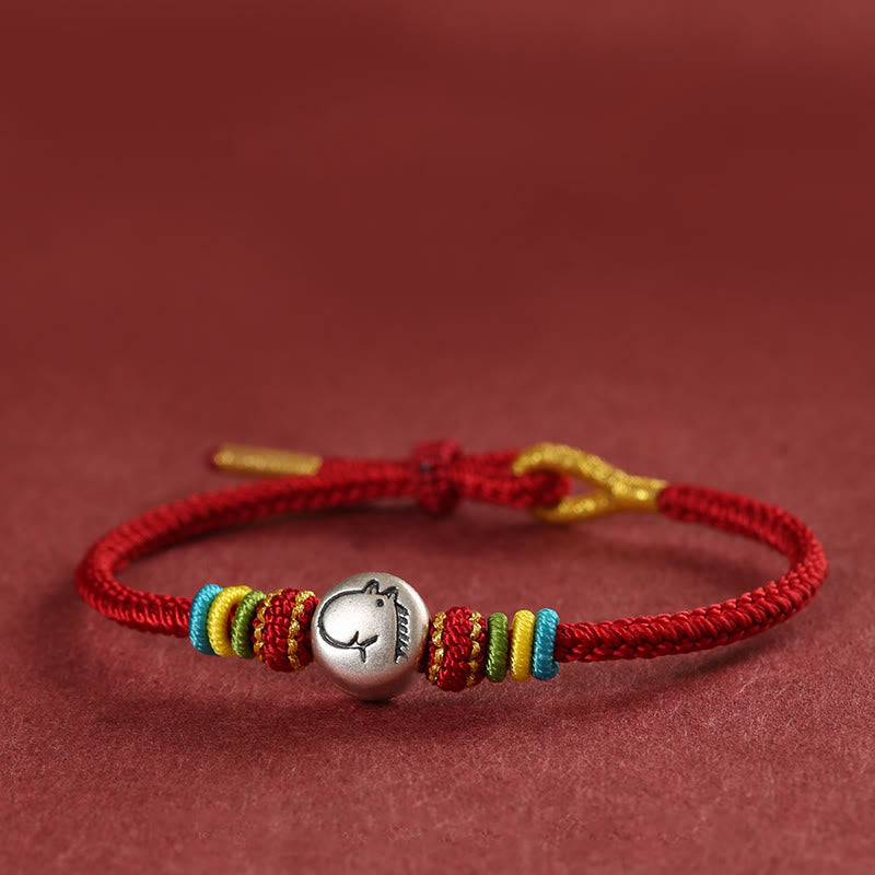 Bracciale della fede intrecciato con corda rossa in argento sterling 999 "Buddha Stones Year of the Horse" - Rosso scuro (circonferenza polso 14-18 cm) - image 0
