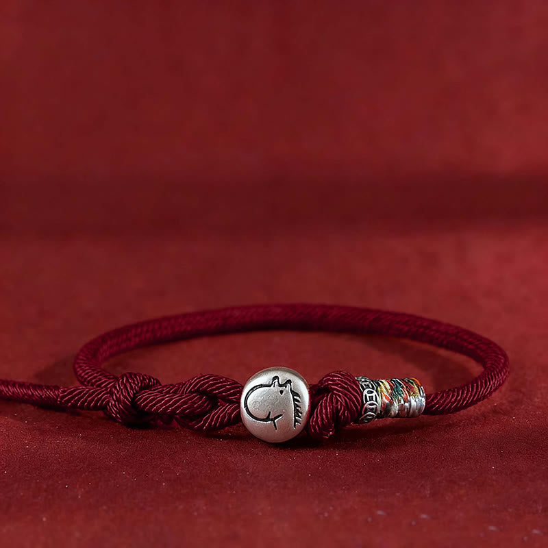 Braccialetto di protezione intrecciato in corda con monete di rame e argento sterling 999, Buddha Stones, anno del cavallo - Rosso scuro - 18-20 cm - image 9