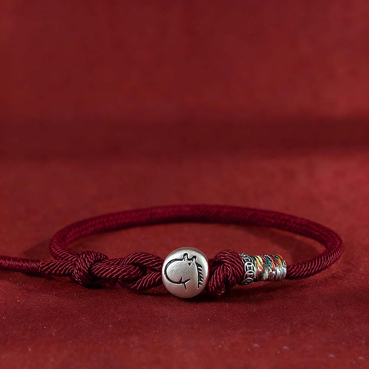 Braccialetto di protezione intrecciato in corda con monete di rame e argento sterling 999, Buddha Stones, anno del cavallo - Rosso scuro - 18-20 cm - image 9