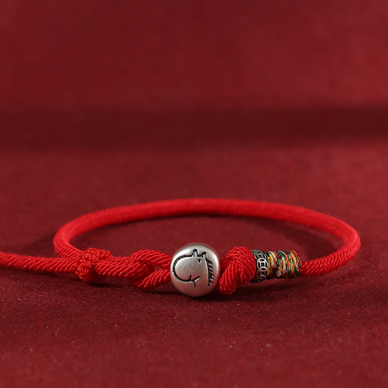 Braccialetto di protezione intrecciato in corda con monete di rame e argento sterling 999, Buddha Stones, anno del cavallo - Rosso - 18-20 cm - image 0