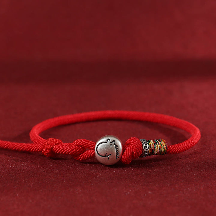 Braccialetto di protezione intrecciato in corda con monete di rame e argento sterling 999, Buddha Stones, anno del cavallo - Rosso - 18-20 cm - image 0