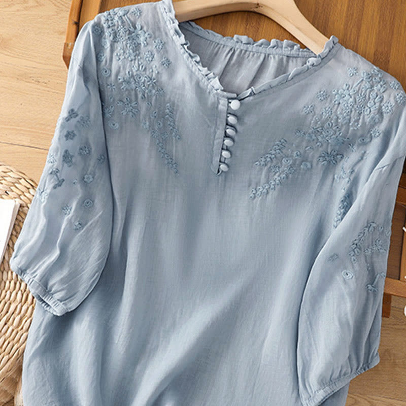 Camicia da donna a maniche corte con sbuffo, motivo floreale ricamato, motivo Buddha Stones, casual e semplice - image 2