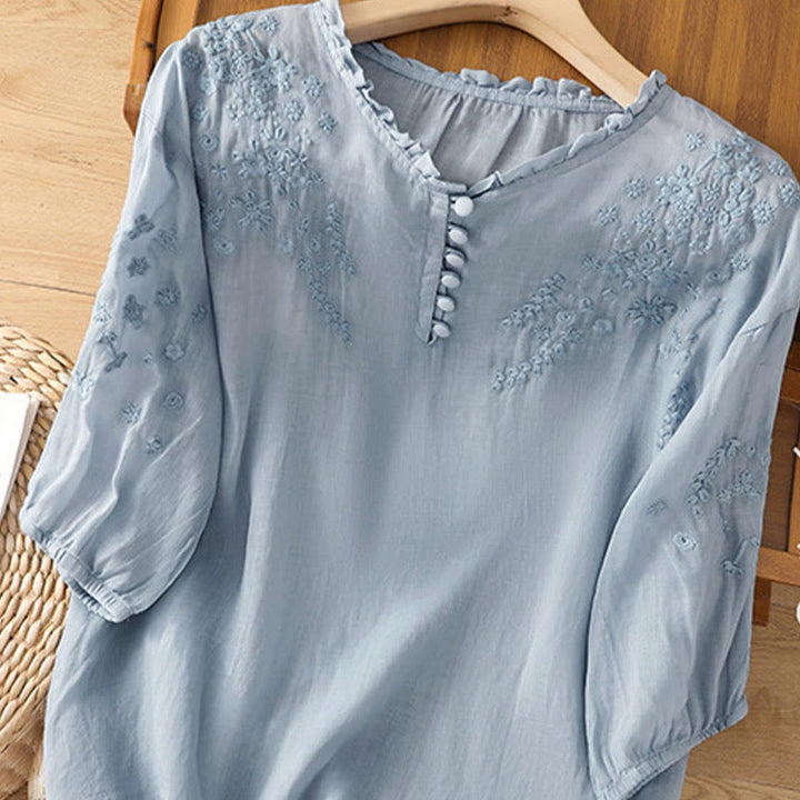 Camicia da donna a maniche corte con sbuffo, motivo floreale ricamato, motivo Buddha Stones, casual e semplice - image 2