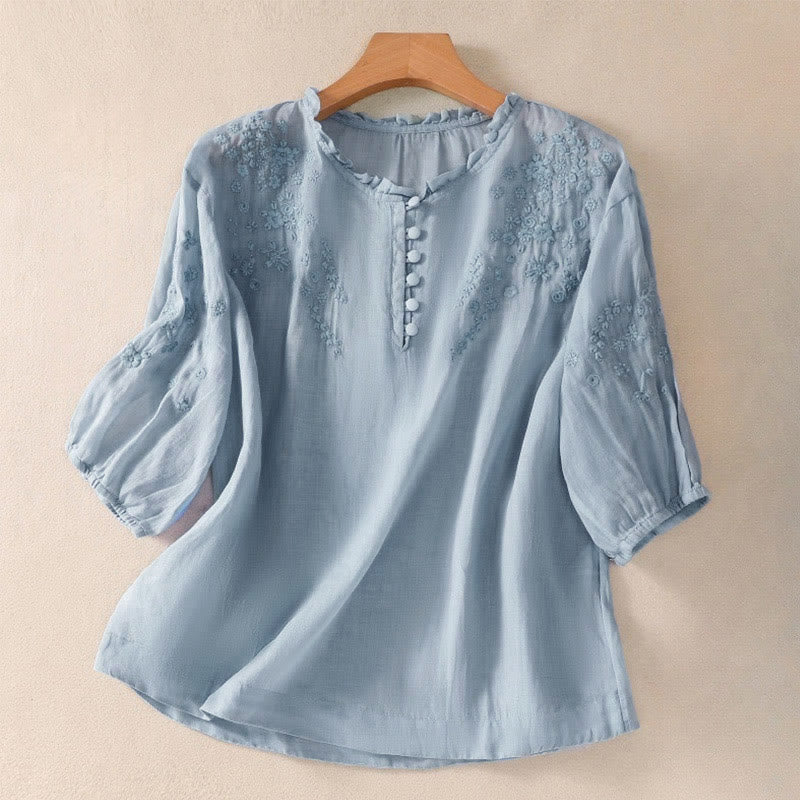 Camicia da donna a maniche corte con sbuffo, motivo floreale ricamato, motivo Buddha Stones, casual e semplice - Azzurro chiaro - US8-10, UK/AU12-14, EU40-42 (2XL) - image 0