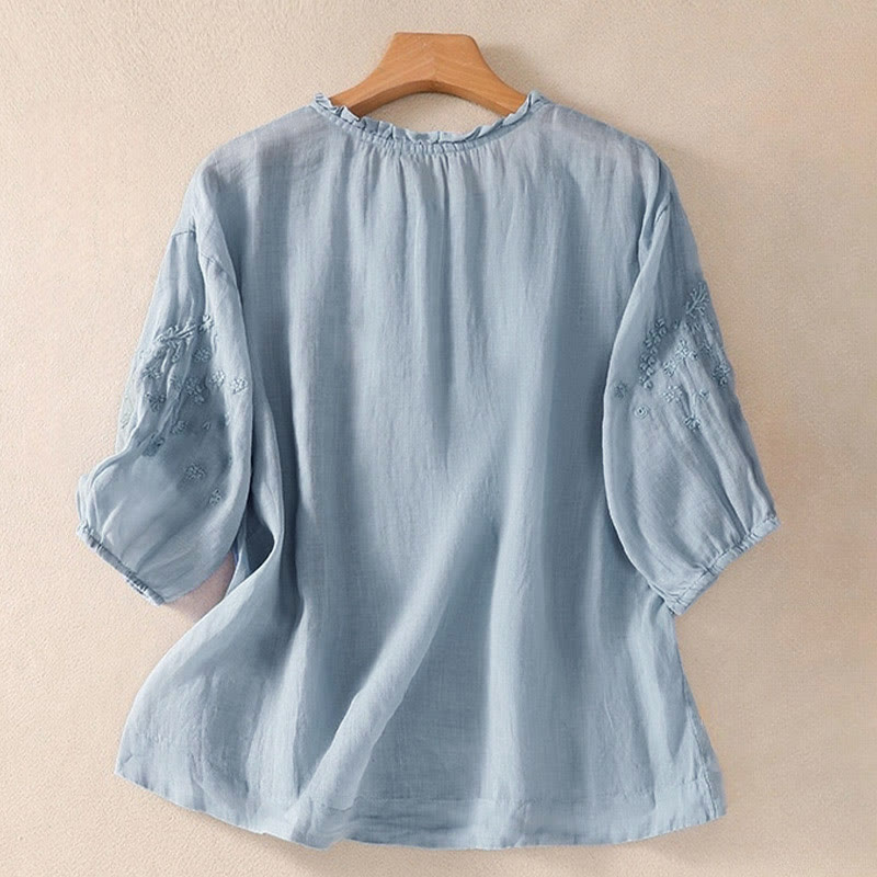 Camicia da donna a maniche corte con sbuffo, motivo floreale ricamato, motivo Buddha Stones, casual e semplice - image 1