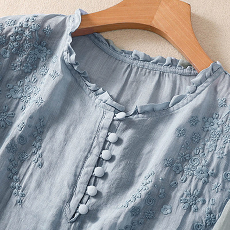 Camicia da donna a maniche corte con sbuffo, motivo floreale ricamato, motivo Buddha Stones, casual e semplice - image 5