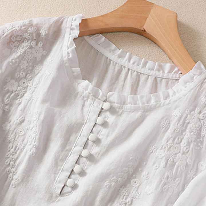 Camicia da donna a maniche corte con sbuffo, motivo floreale ricamato, motivo Buddha Stones, casual e semplice - image 11