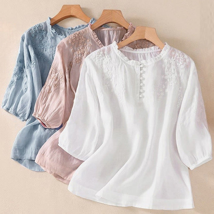 Camicia da donna a maniche corte con sbuffo, motivo floreale ricamato, motivo Buddha Stones, casual e semplice - image 19